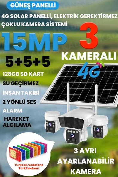 Solar Kamera - Güneş Enerjili Kamera - Sim Kartlı Kamera - 15MP - 3 LENS - 3  KAMERALI GÜVENLİK KAMERASI - 12000MAH BATARYA - UZAKTAN İZLEME ürün görseli 1