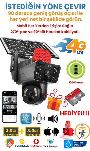 Solar Panelli, Güneş Enerjili, SIM Kartlı 4G, 6MP Çift Lensli PTZ Güvenlik Kamerası – Hareket Algılama  128 GB SD Kart Hediyeli ürün görseli 1