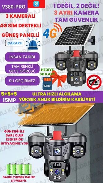 15MP 3 Kameralı Sim Kartlı Kamera, Solar Panelli Kamera,İnsan Algılama, Hareket Takibi, Sesli Alar, Çakarlı Kamera ürün görseli 1