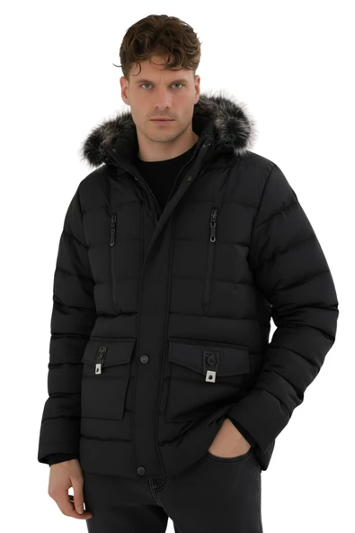 Erkek Siyah Erkek Outdoor Su Geçirmez Kapüşonlu Kışlık Kaban – Rüzgar ve Yağmura Dayanıklı Mont&Kaban ürün görseli 1