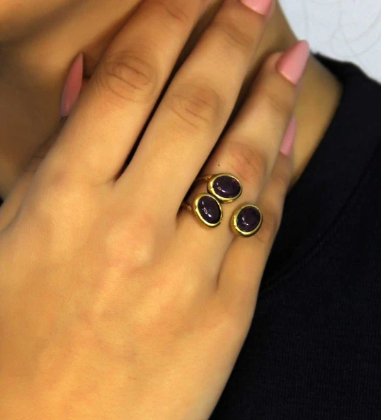 Doğal Taş Ametist Üçlü Doğal Taşlı Antik Model Kadın Ayarlanabillir Yüzük euy76amt ürün görseli 1