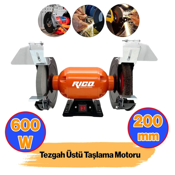 Elektrikli Bıçak Kesici Bileme Taş Motoru 200 mm Zımpara 600 W Rico Taşlama Metal Tezgah Üstü Çark ürün görseli 1