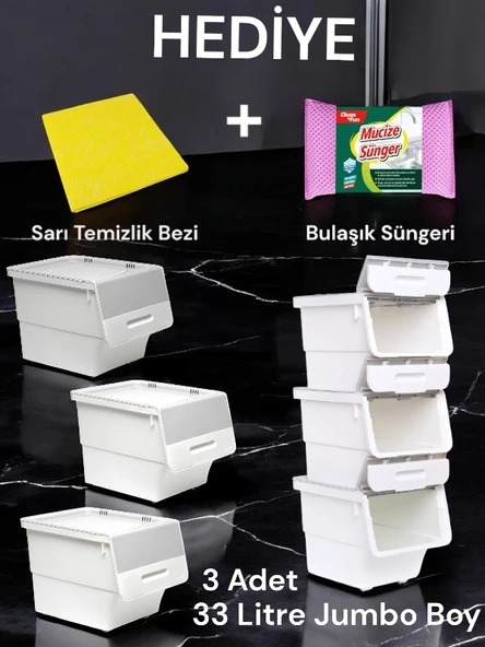 Technow Motek 33 Litre Beyaz Gri Tekerlekli 3*33 Lt 3'lü Set Organizer + Temizlik Seti ürün görseli 1