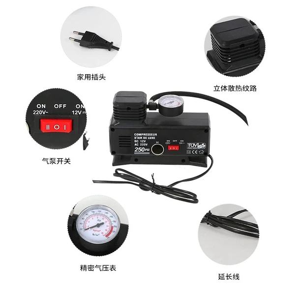 220v Ile 12v Oto Elektriği Çalışan Hava Lastik Şişirme Kompresörü 250 Psı Çok Amaçlı Yol Yardımı ürün görseli 1