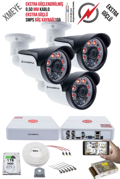 3 Kameralı Güvenlik Kamera Seti - Ekstra Uzun Mesafeli Güçlü, 5MP Sony Lens, 70m Dayanıklı Kablolama, 6 Atom LED, 1TB  H.D.D ürün görseli 1