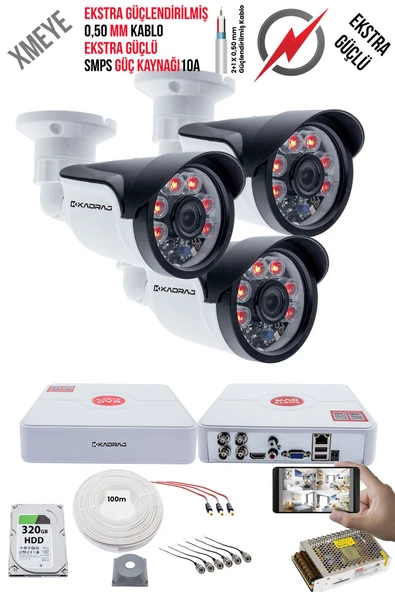 3 Kameralı Güvenlik Kamera Seti - Ekstra Uzun Mesafeli Güçlü, 5MP Sony Lens, 70m Dayanıklı Kablolama, 6 Atom LED, 320GB H.D.D ürün görseli 1