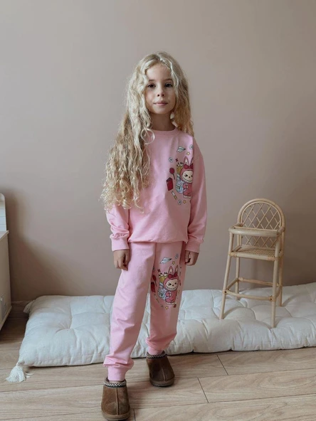Cg Kids Labubu 2 iplik Kız Çocuk Alt Üst Süper Tarz Takım Sırt Baskılı ürün görseli 1