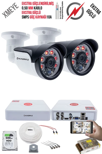 2 Kameralı Güvenlik Kamera Seti - Ekstra Uzun Mesafeli Güçlü, 5MP Sony Lens, 70m Dayanıklı Kablolama, 6 Atom LED, 500GB H.D.D ürün görseli 1