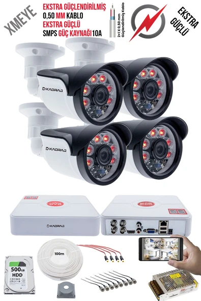 4 Kameralı Güvenlik Kamera Seti - Ekstra Uzun Mesafeli Güçlü, 5MP Sony Lens, 70m Dayanıklı Kablolama, 6 Atom LED, 500gb  H.D.D ürün görseli 1