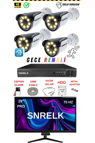 SNRELK 19'' Monitör 5mp Lens 4'Lü Warm Lıght Gece Renkli 320 Gb Güvenlik Kamerası set ürün görseli 1