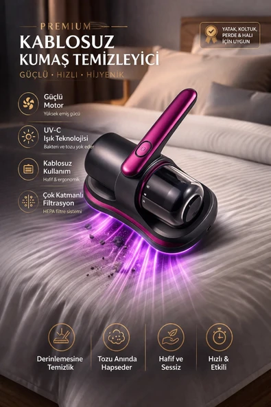 Glr G-168 Güçlü Akar Temizleyici  UV Işınlı El Tipi Yatak ve Koltuk Hijyen Süpürgesi | 100W, 12V Lityum Bataryalı ürün görseli 1