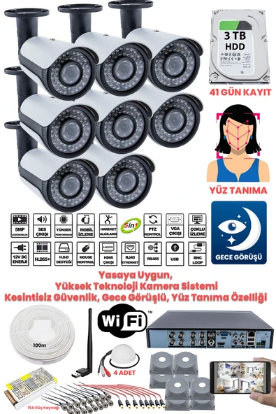 Güvenlik Kamera Seti - 8 Kameralı - 5MP Sony SecuLens, Full HD, Gece Görüşü, Yasalara Uygun, 3TB Disk + Ses Alma ürün görseli 1