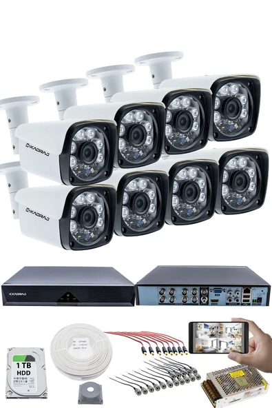 8'li Kamera Seti - 5MP Sony SecuLensli 1080P Full HD, 6 Atom LED, AHD Güvenlik Kamerası Seti, Gece Görüşlü, Metal Kasa ürün görseli 1