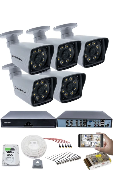 5 Kameralı Güvenlik Kamerası Seti - 5MP Sony SecuLensli 1080p Full HD AHD, 8 Ultra Warm LED, Gece Renkli Görüş, Plastik Kasa ürün görseli 1
