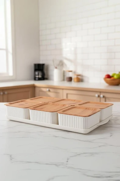 Atbyhome Valverdi - 6'lı 13 Parça Plastik Kahvaltılık Kahvaltı Seti Sunum Seti Bambu Görünüm ürün görseli 1