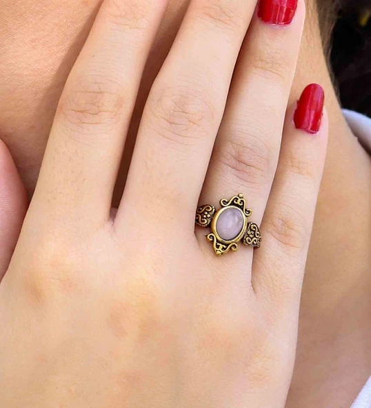 Doğal Taş Pembe Kuvars Taşlı Antik Model Kadın Ayarlanabillir Yüzük euy78pk ürün görseli 1
