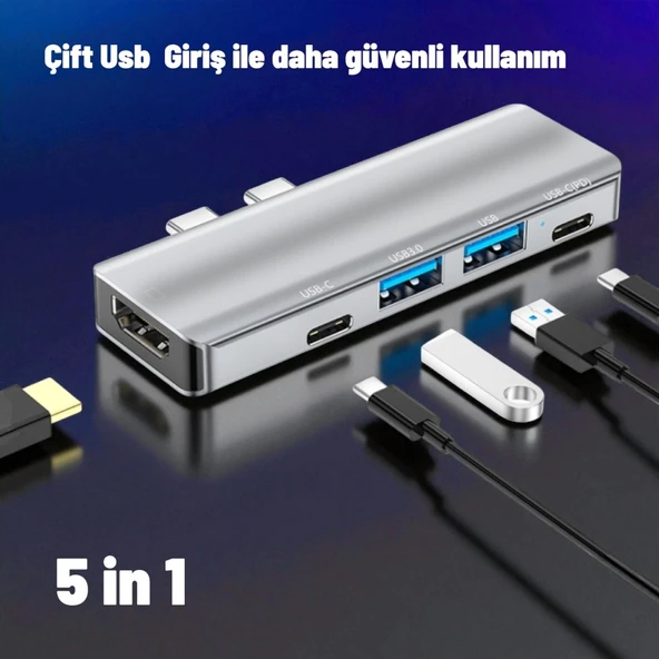 Technow YG-2102 5 in 1 Çift USB-C / Type-C-USB HUB Çevirici Adaptör ürün görseli 1