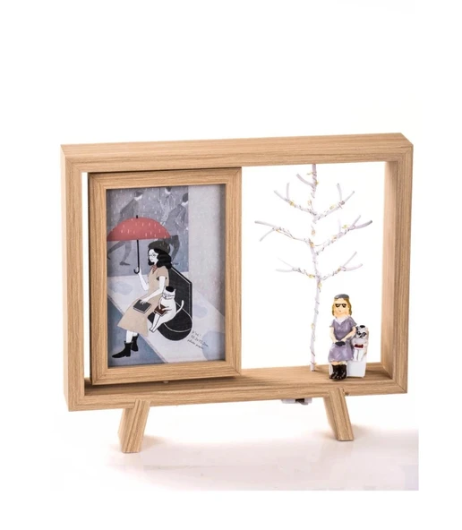 Ahşap Çerçeveli Çift Taraflı Işıklı Masaüstü Fotoğraf Çerçevesi (26.5x23.6 cm) ürün görseli 1