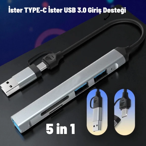 Technow USB 3.0/USB 2.0/SD/TF Girişli 5 in 1 Tip-C Çevirici Adaptörü ürün görseli 1