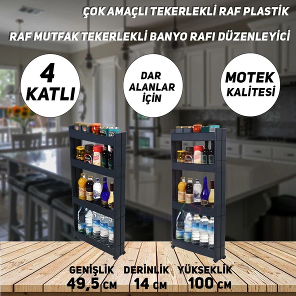 Technow Motek SR-04 Tekerlekli Plastik,Mutfak,Banyo Rafı 4 Katlı Organizer  Antrasit ürün görseli 1