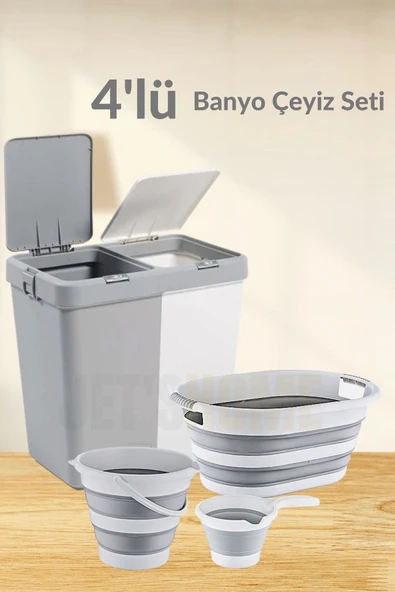 4'lü Banyo Seti BPA Free 80 Litre Çamaşır Sepeti Katlanır Sele-Su Kovası ve Maşrapa ürün görseli 1