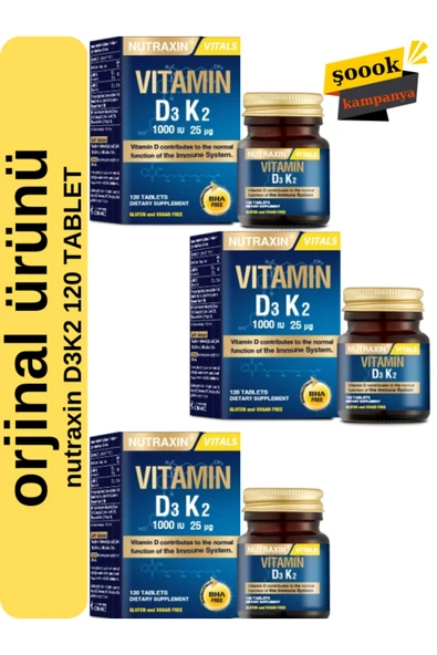 D3K2 120 Tablet 3'lü - 1000 Iu D3 Vitamini, 25 Mcg K2 Vitamini ürün görseli 1