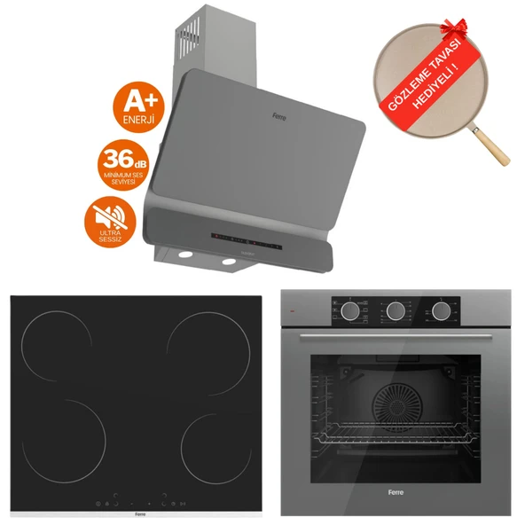 Ferre FryArt&FlowArt Vitroseramik Elektrikli Gri Ankastre Set ( D082-SA Sessiz + MS261 + QXE62CPR ) ürün görseli 1