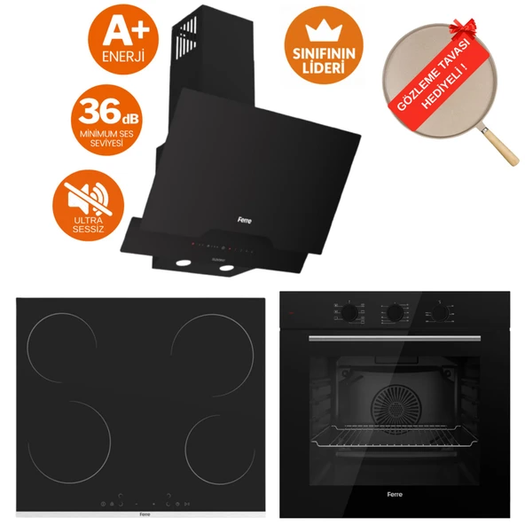 Ferre FlowArt Arvio Vitroseramik Elektrikli  Ankastre Set ( D063-SA Sessiz + MS261 + QBL62CS) ürün görseli 1