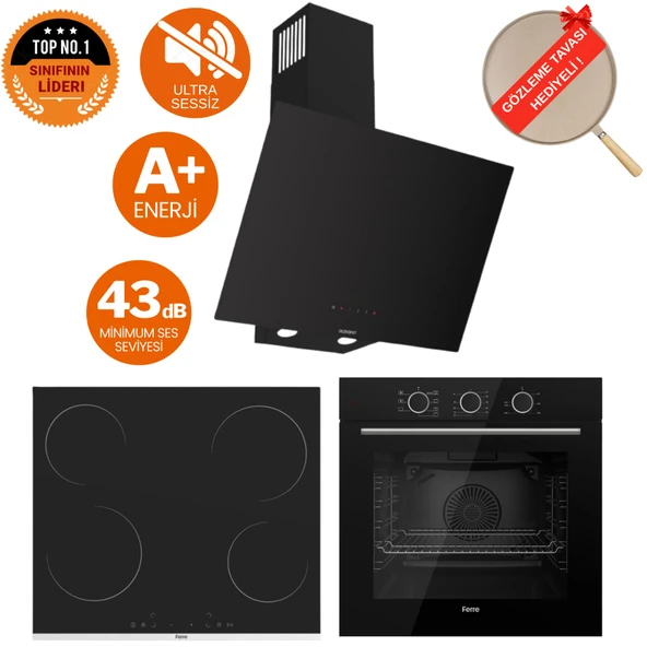 Ferre FryArt & FlowArt Legno Sessiz Davlumbaz Elektrikli Siyah Ank. Set (D077-SA + MS261 + QXE62CS) ürün görseli 1