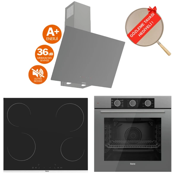 Ferre FryArt Vitello Vitroseramik Elektrikli Gri  Ankastre Set ( D079-SA Sessiz + MS261 + QXE62CPR) ürün görseli 1