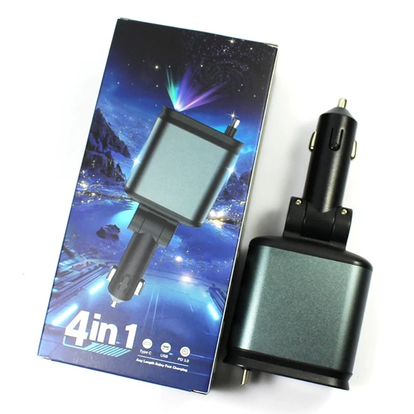 4 In 1 Geri Çekilebilir Araç Şarj Cihazı Rgb Işıklı USB C Kablosu IPhone Huawei Samsung Hızlı Şarj Kablosu Çakmak ürün görseli 1