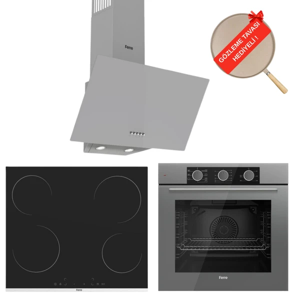 Ferre FryArt & FlowArt  Vitroseramik Elektrikli Gri Ankastre Set ( QXE62CPR + MS261 + D088  ) ürün görseli 1