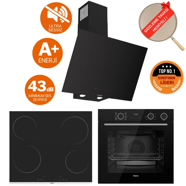 Ferre FryArt & buharlı Elio Sessiz Davlumbaz Elektrikli Siyah Ank. Set ( D077-SA + MS261 + XE64CS ) ürün görseli 1
