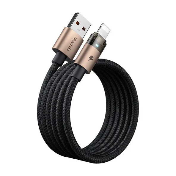 Mcdodo CA-6911 USB-A to Lightning Led Işıklı Şeffaf Tasarım 1.2m Data ve Şarj Kablosu - Siyah-Gold ürün görseli 1