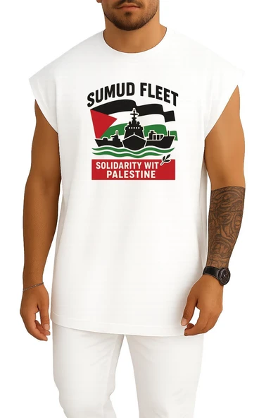 Oversize Sumud Fleet Göğüs ve Sırt Tasarımlı Atlet ürün görseli 1