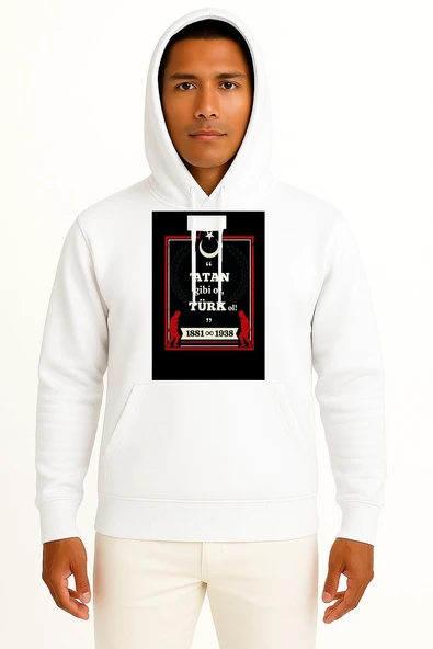 Kapüşonlu Atan Gibi Ol Türk Ol Atatürk Göğüs ve Sırt Tasarımlı Unisex Sweatshirt ürün görseli 1