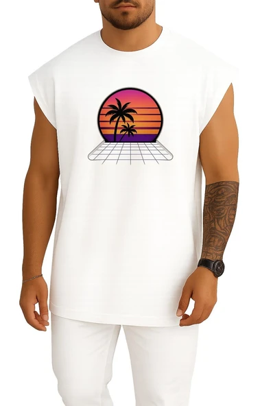Oversize Synthwave Günbatımı  Palmiyeler – Retro Göğüs Tasarımlı Atlet ürün görseli 1