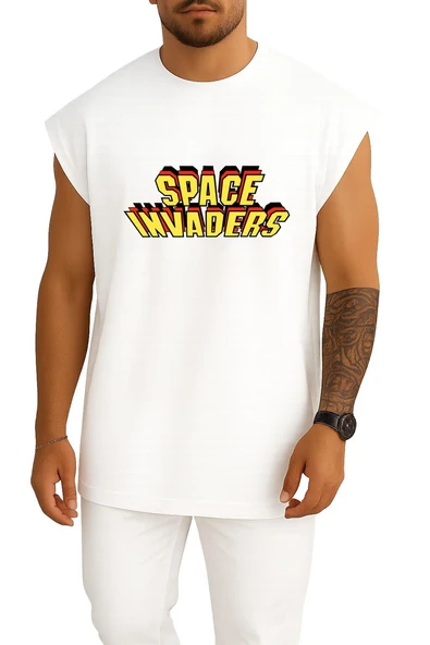 Oversize Space Invaders Video Game Göğüs Tasarımlı Atlet - Resim 7