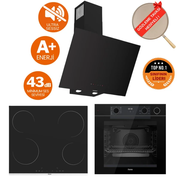 Ferre FryArt&Buharlı Gesto Sessiz Davlumbaz Elektrikli Siyah Ank. Set (D077-SA + MS261 + QEP64CS) ürün görseli 1