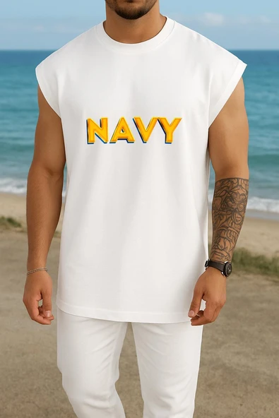 Oversize Navy Yazısı Sarı Göğüs Tasarımlı Atlet ürün görseli 1