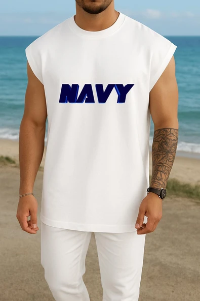 Oversize Navy Yazısı Bold Göğüs Tasarımlı Atlet ürün görseli 1