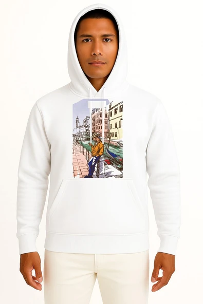 Kapüşonlu Venice Drawing Art Illustration, Venedik Göğüs Tasarımlı Unisex Sweatshirt ürün görseli 1
