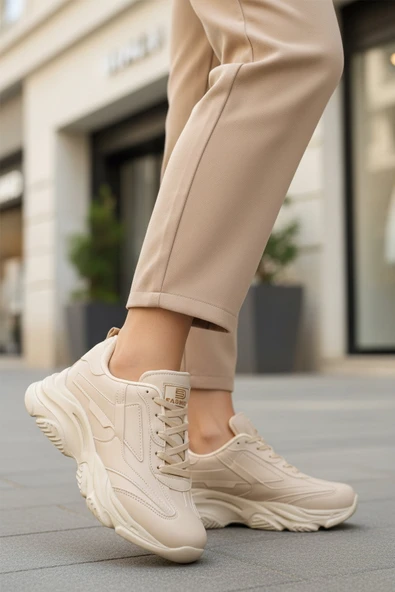 Ekru Bağcıklı Kadın Sneaker - Resim 3