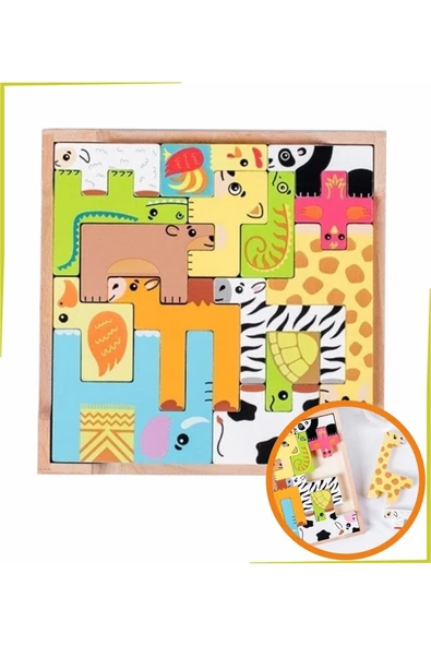 Renkli 15 Hayvanlı Geometrik Ahşap Puzzle ürün görseli 1