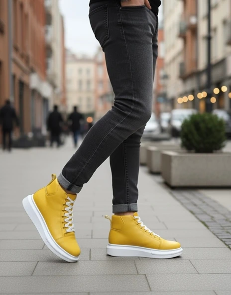 Bağcıklı Erkek Sneaker Bot SARI (BEYAZ TABAN) - Resim 2