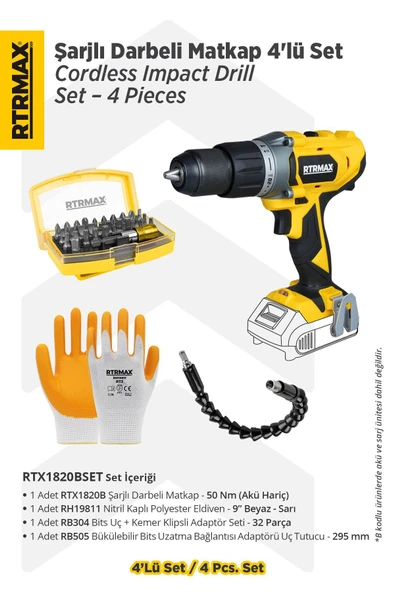 RTX1820BSET Şarjlı Darbeli Matkap 4'lü Set -Eldiven-Bits Uç + Kemer Klipsli Adaptör Seti-Uç Tutucu ürün görseli 1