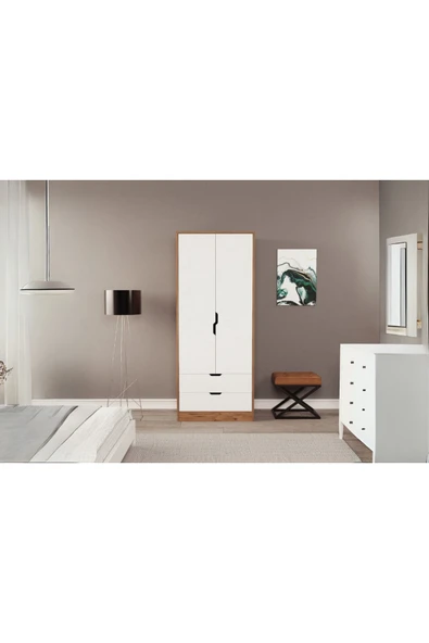 ZEYTUNHOME Moderno Mini 2 Kapaklı 2 Çekmeceli Gardırop – Kompakt Tasarım, Modern Görünüm ürün görseli 1