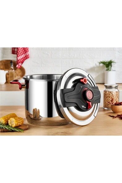 OMS 5106 - 2 Parça, İndüksiyonlu, Matik, 26 Cm - 12 Litre Düdüklü Tencere Gümüş - Kırmızı Renk ürün görseli 1