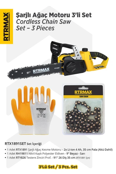 RTX1891SET Şarjlı Ağaç Kesme Motoru 3'li Set -Testere Zinciri-Eldiven ürün görseli 1