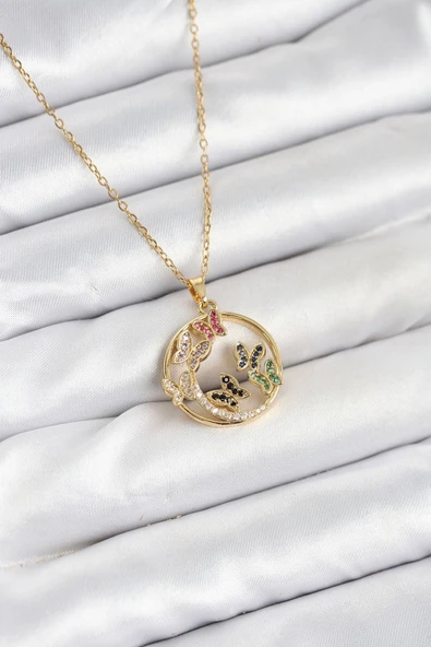 316L Çelik Zincir Gold Renk Zirkon Taşlı Kelebekli Kadın Kolye - TJ-BKO10609 ürün görseli 1